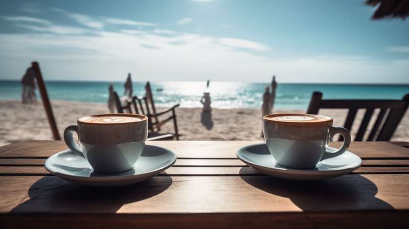 two cups of coffee on the beach table